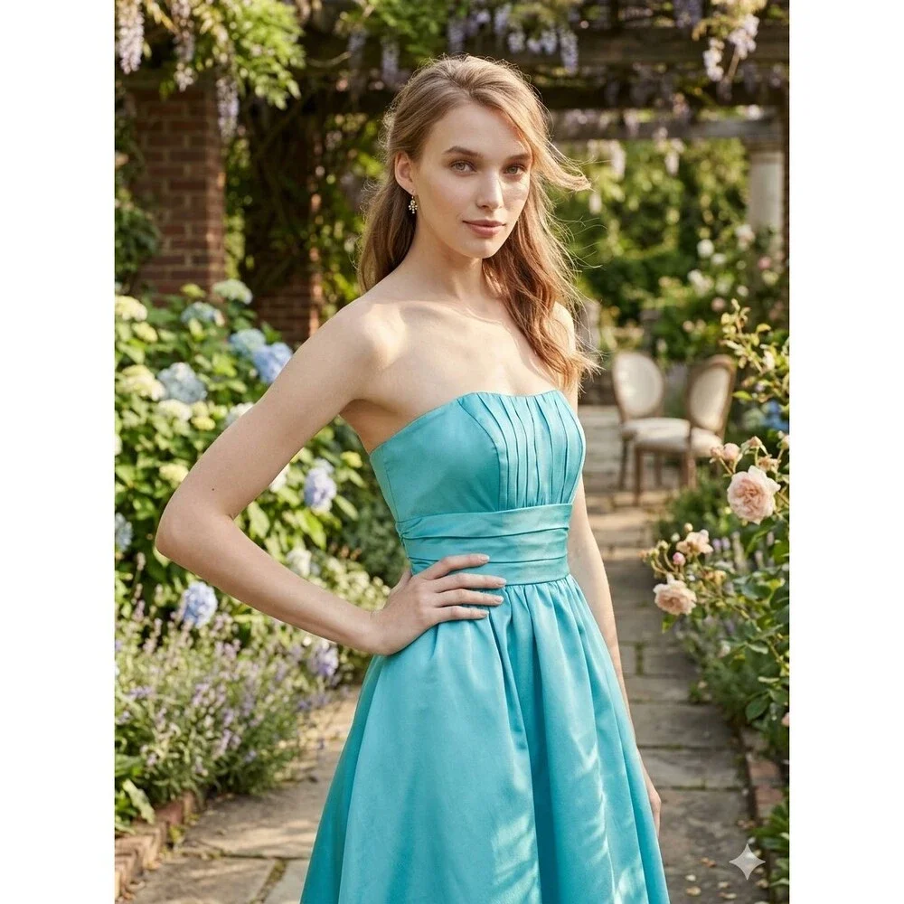 VTG y2k Turquoise Strapless Cotton Fit & Flare Dress 6 Small Blue Cocktail Mini - Picture 4 of 8